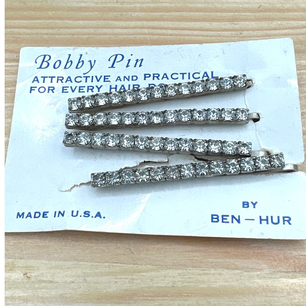 Vintage Ben-Hur Rhinestone Bobby Pins Set 4 Silver Tone Clear Crystal USA Read